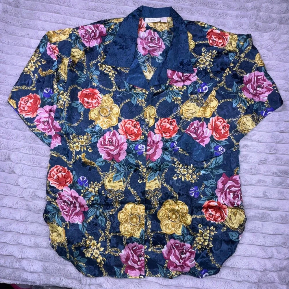Vintage Victoria's Secret Gold Label Floral Satin Sleep Shirt Nightgown Robe M/L
